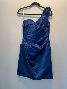 Sophia Tolli One-Shoulder Royal Blue Satin Cocktail Dress with Rosette